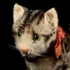 Steiff 28 Next To Largest Sister Steiff Gray Background With Black Continuous Stripes Early Post-WWII Tabby Kitten Cat ID