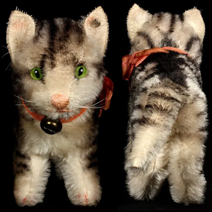 Next To Largest Sister Steiff Gray Background With Black Continuous Stripes Early Post-WWII Tabby Kitten Cat ID 2 Next To Largest Sister Steiff Gray Background With Black Continuous Stripes Early Post-WWII Tabby Kitten Cat ID - Image 2