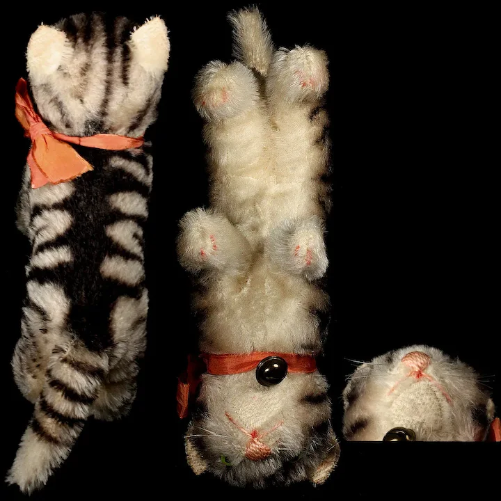 Next To Largest Sister Steiff Gray Background With Black Continuous Stripes Early Post-WWII Tabby Kitten Cat ID 5 Next To Largest Sister Steiff Gray Background With Black Continuous Stripes Early Post-WWII Tabby Kitten Cat ID - Image 5